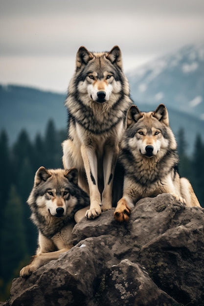 three wolfs sitting on a rock in front of a mountain