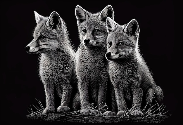 Three wolves on a black background Generative AI