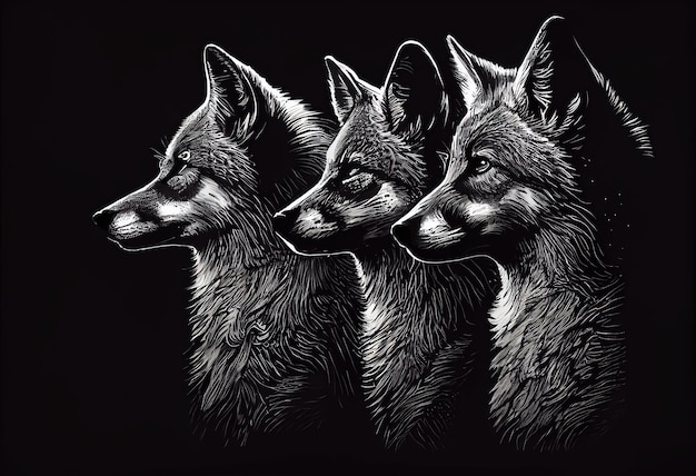 Three wolves on a black background Generative AI