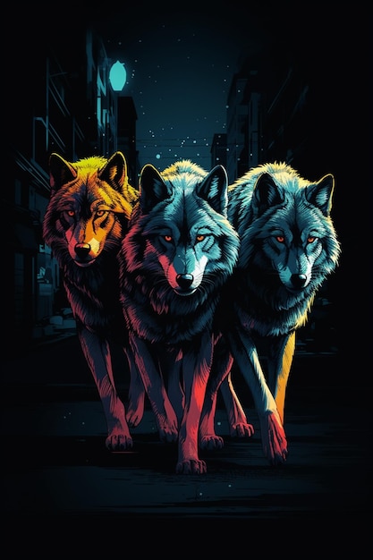 Three wolves in a dark city with a neon light on the left side.