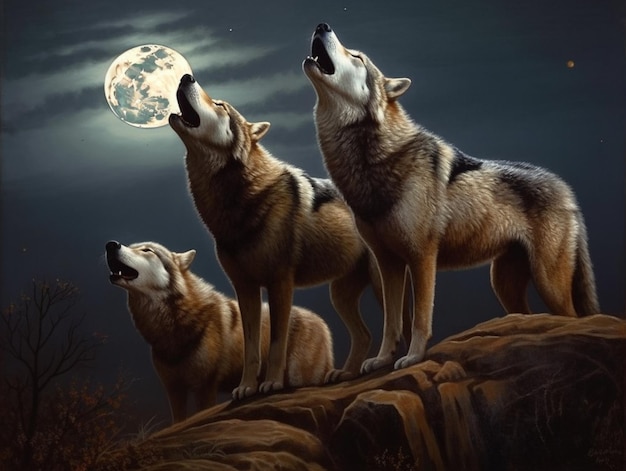 Three wolves howling at the moon