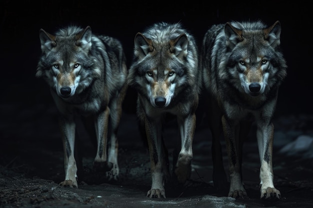 Three wolves marching together