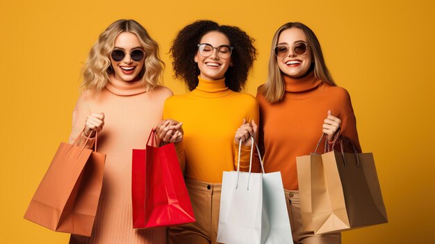 Three woman carrying shopping bags after going shopping on yellow background ai generated