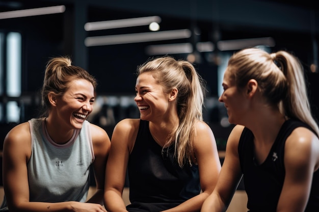 Three women are laughing in a gym