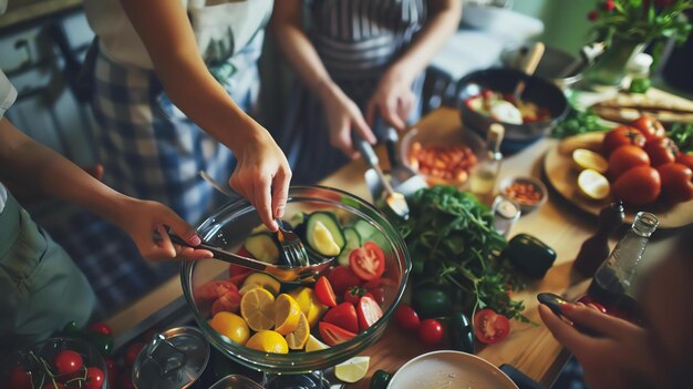 Photo three women are preparing a healthy meal in the kitchen they are chopping vegetables and putting them in a bowl