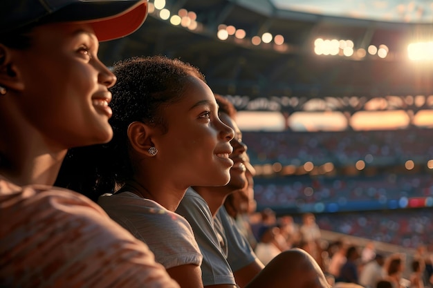 Three women are sitting in a stadium watching a game