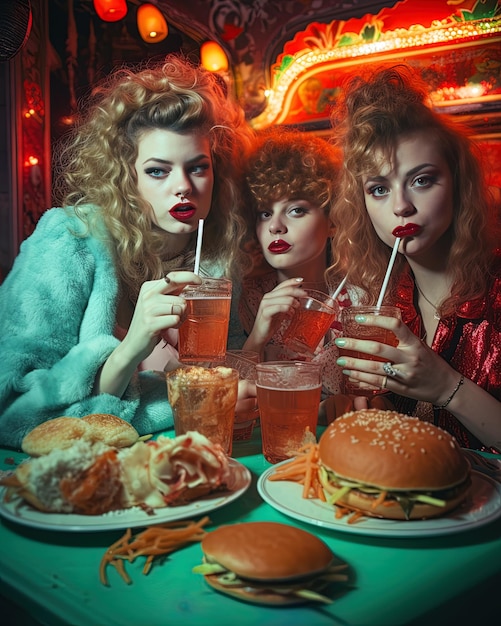 Three women are sitting at a table with drinks and a hamburger.