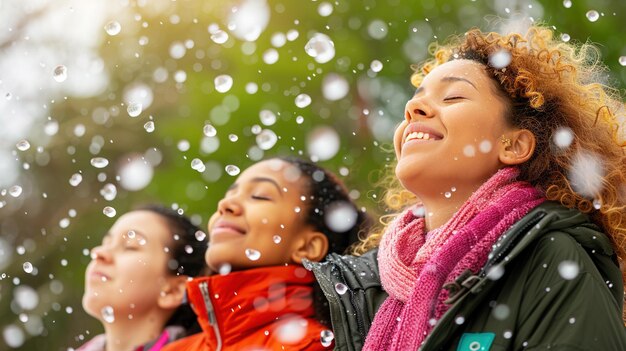 Photo three women are smiling and enjoying the snow