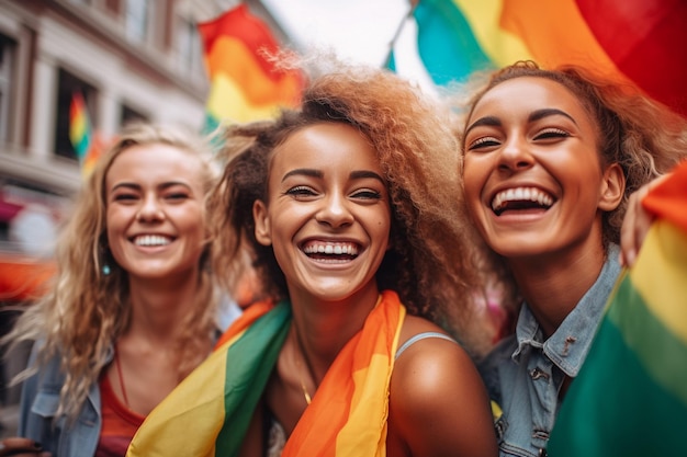 3人の女性が上に虹の旗を掲げたパレードで微笑んで笑っています
