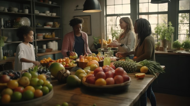 Three women are standing in a kitchen, one of them is holding a bowl of fruit.