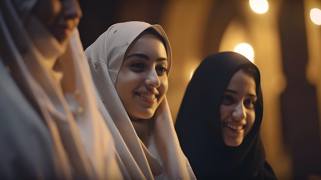 Three women are standing in a row and one is wearing a hijab and the other is wearing a white hijab.