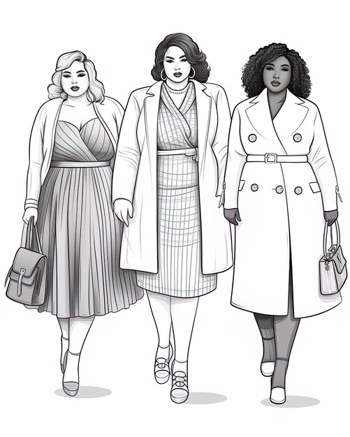 three women are walking in a line drawing