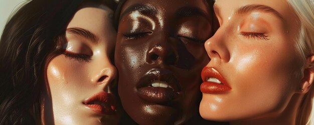 Three women black white and tan skin are pose for a magazine