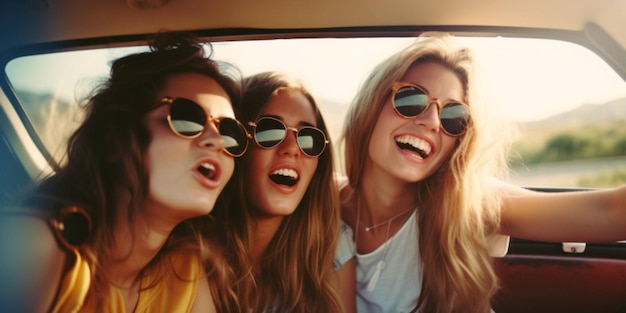 Three women in a car with sunglasses on