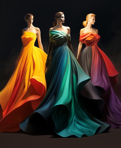 three women in colorful dresses are standing in a row generative ai