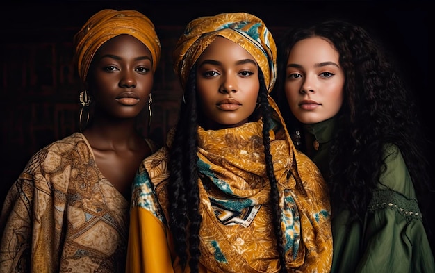 Three women in colorful scarves stand together in front of a dark background.