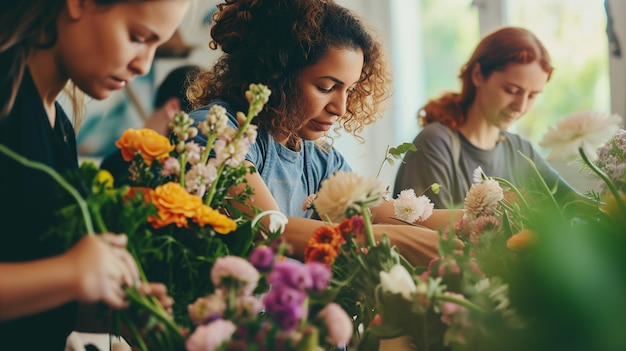 Foto tre donne creano bouquet in un laboratorio di fiori