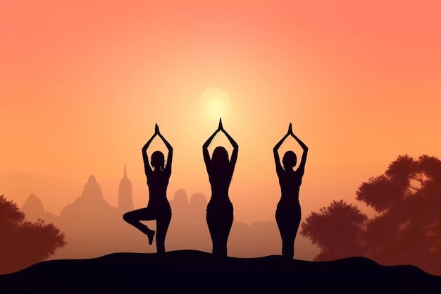 Three women doing yoga in front of a cityscape.