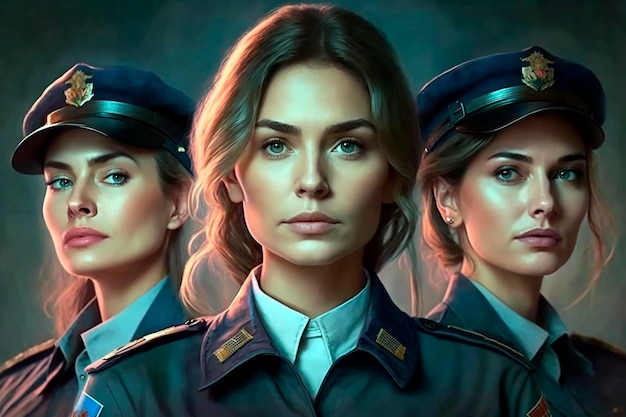 Three women dressed in police uniforms with arms crossed female empowerment generative ai