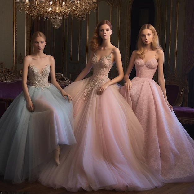 three women in dresses sit on a floor with chandelier behind them