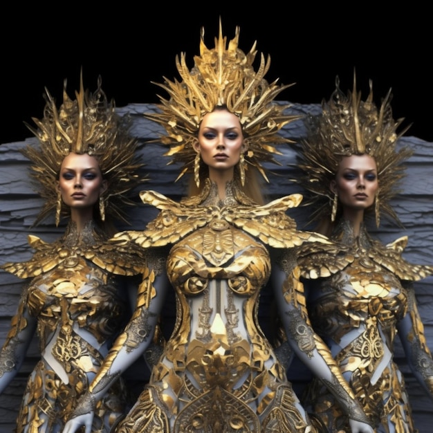 three women in gold and silver costumes stand in front of a wall generative ai