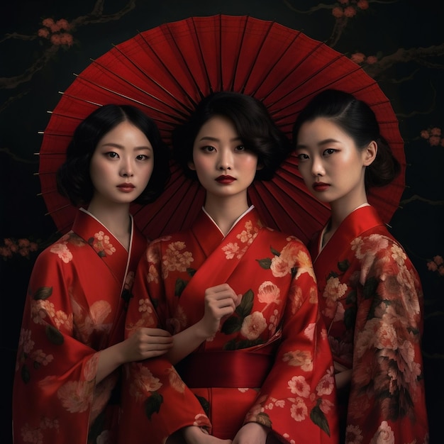 three women in kimonos pose in front of a red umbrella
