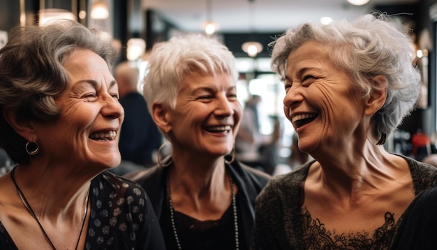 Three women laughing and laughing in a room with a bar in the background