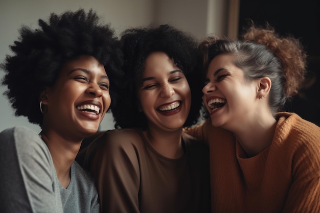 Three women laughing and laughing together on a couch