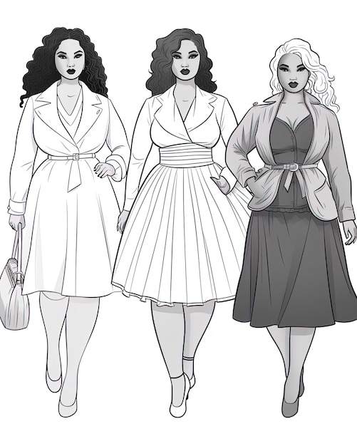 three women in a line with one wearing a dress and the other with the other one holding a handbag