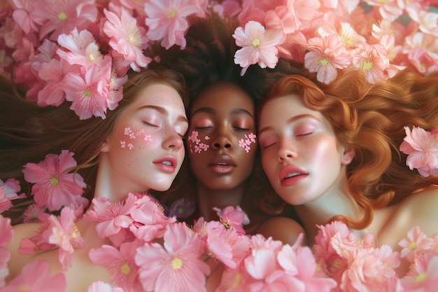 Photo three women lying among pink flowers smiling happily