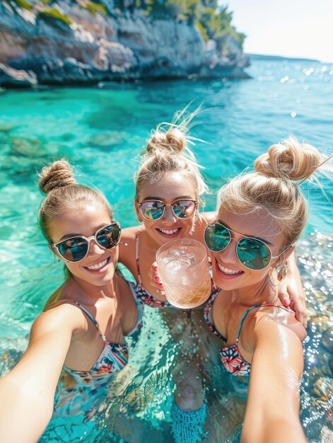선글라스와 음료를 입은 바다에 있는 세 명의 여성