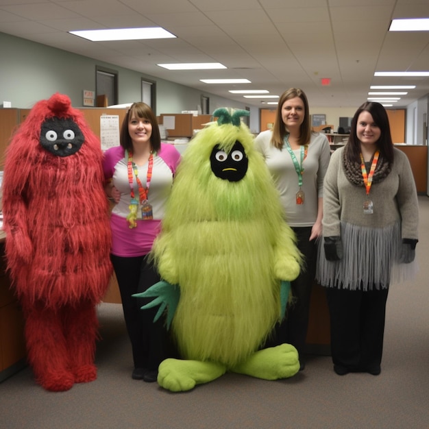 Photo three women in an office with a green creature wearing a green body suit.