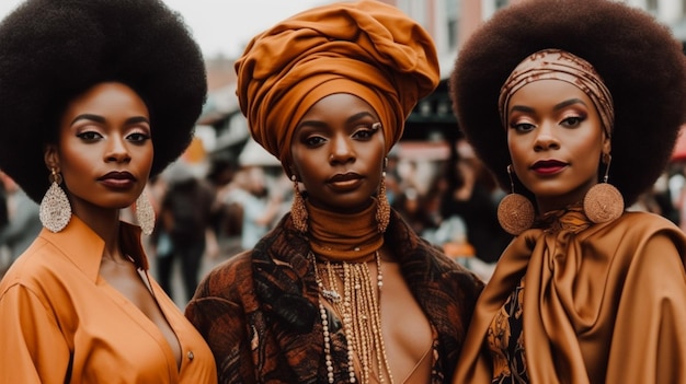 Three women in orange and black outfits stand in a street.