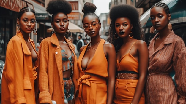 Three women in orange outfits stand in a street in london