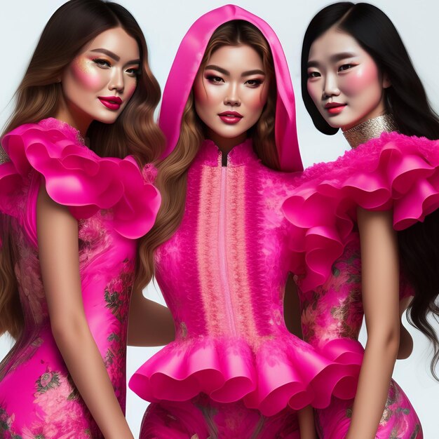 Three women in pink dresses with the word love on them