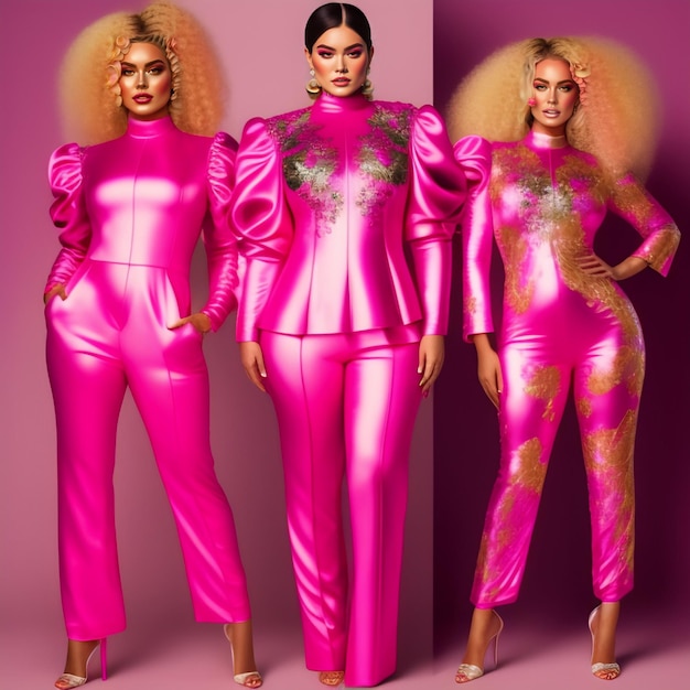 Three women in pink outfits with one wearing a pink outfit.