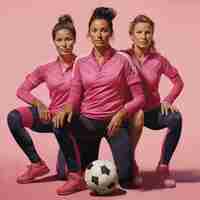 Photo three women in pink uniforms with a soccer ball