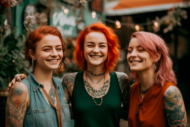 Three women pose for a photo in front of a cafe sign