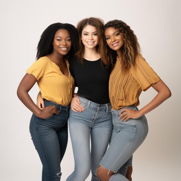 three women pose for a photo with one wearing a yellow shirt that says quot the word quot