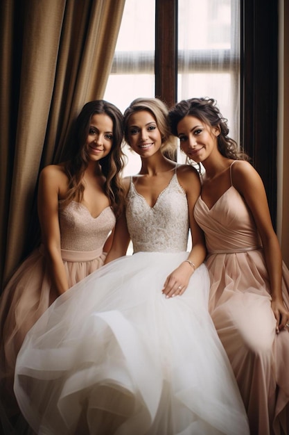 three women pose for a picture in front of a window