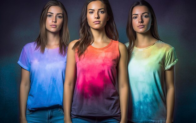 Three women in rainbow tops stand in a row.