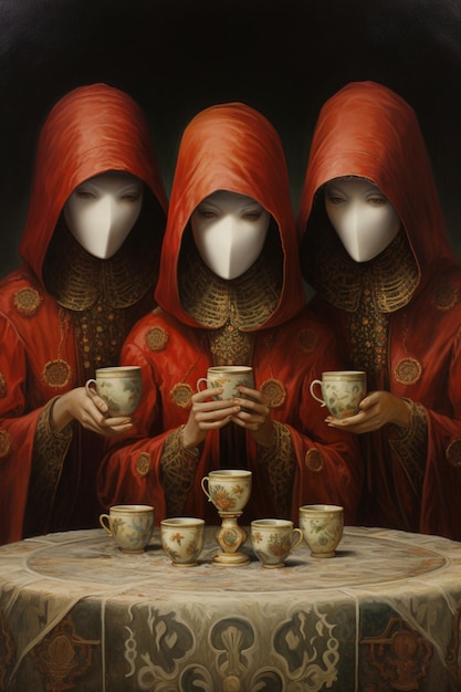 Three women in red robes holding cups and cups on a table generative ai