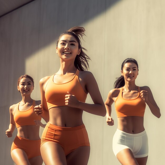 three women running in orange outfits with one wearing an orange top