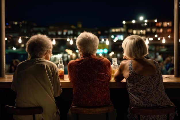 Three women sit at a bar with a view of the city at night.