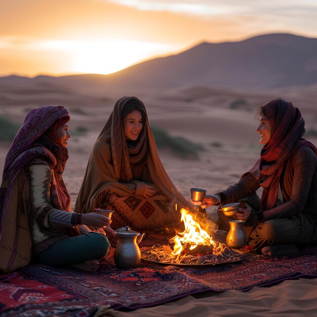 Three women sitting around a campfire in the desert at sunset