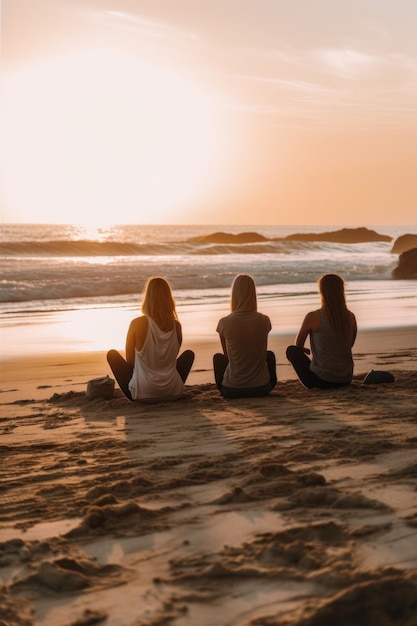 Three women sitting on the beach watching the sun set Generative AI image