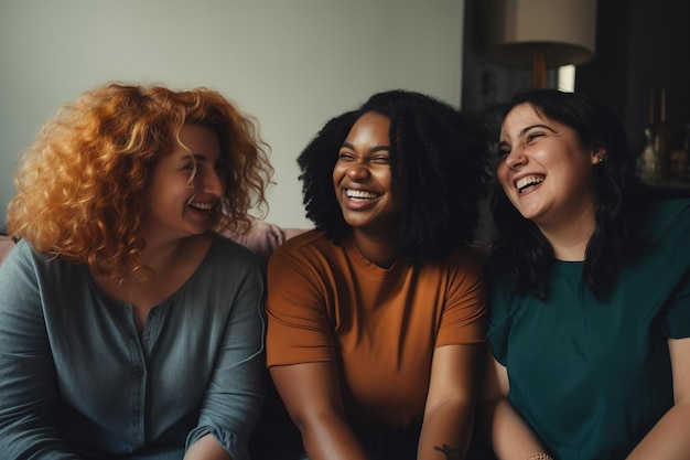 Three women sitting on a couch laughing and laughing