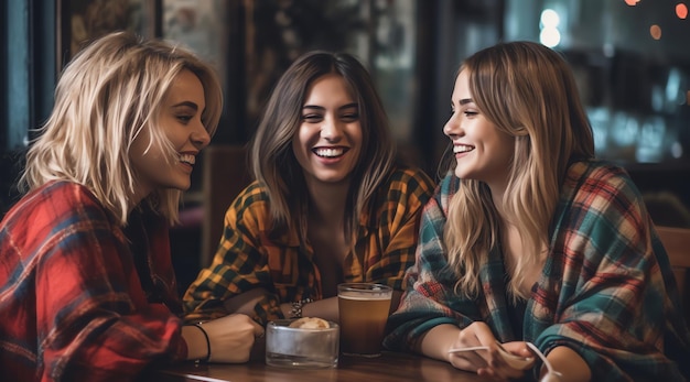 Three women sitting at a table in a bar talking