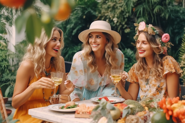 Three women sitting at a table in a garden drinking wine