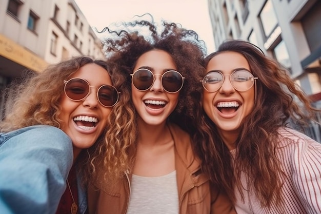 Three women smiling and laughing in a city